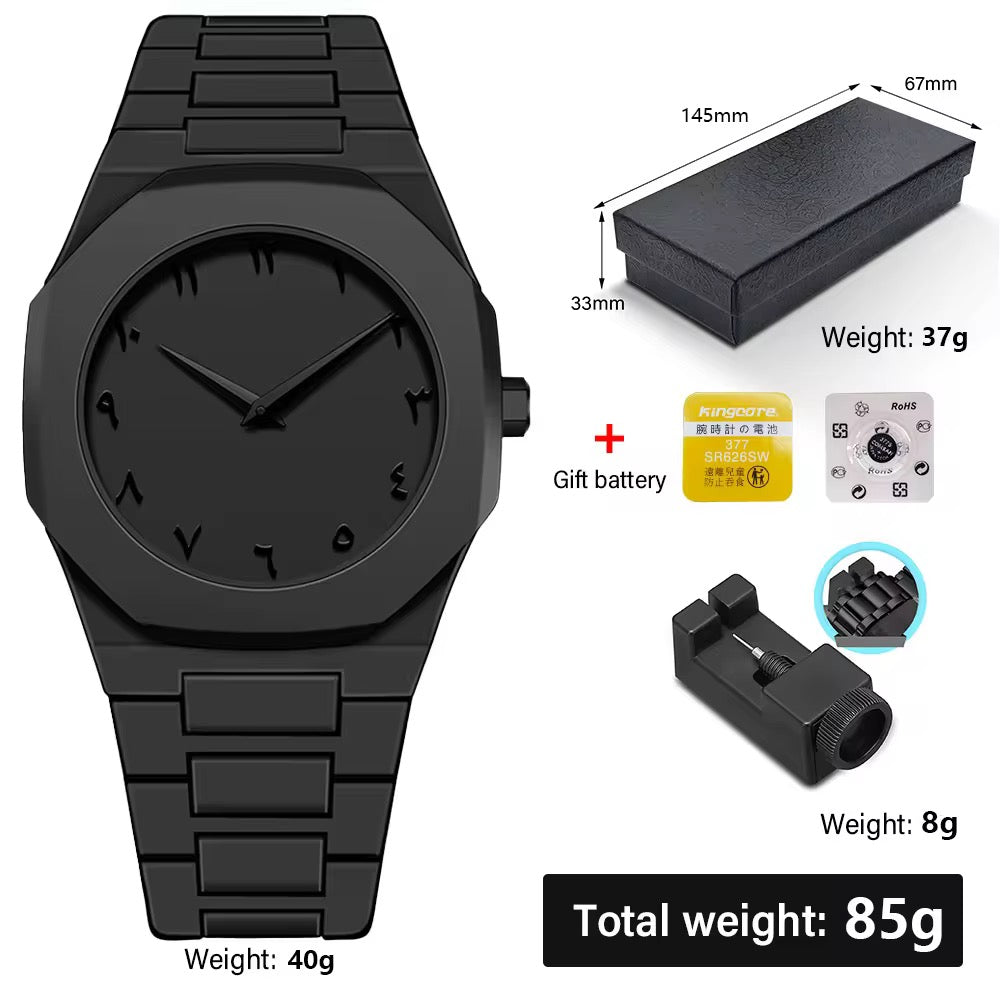 Montre quartz Arabic noire tendance pour homme, simple décontractée, ultra-fine et polyvalente, bracelet intégré tout noir avec son régulateur de taille