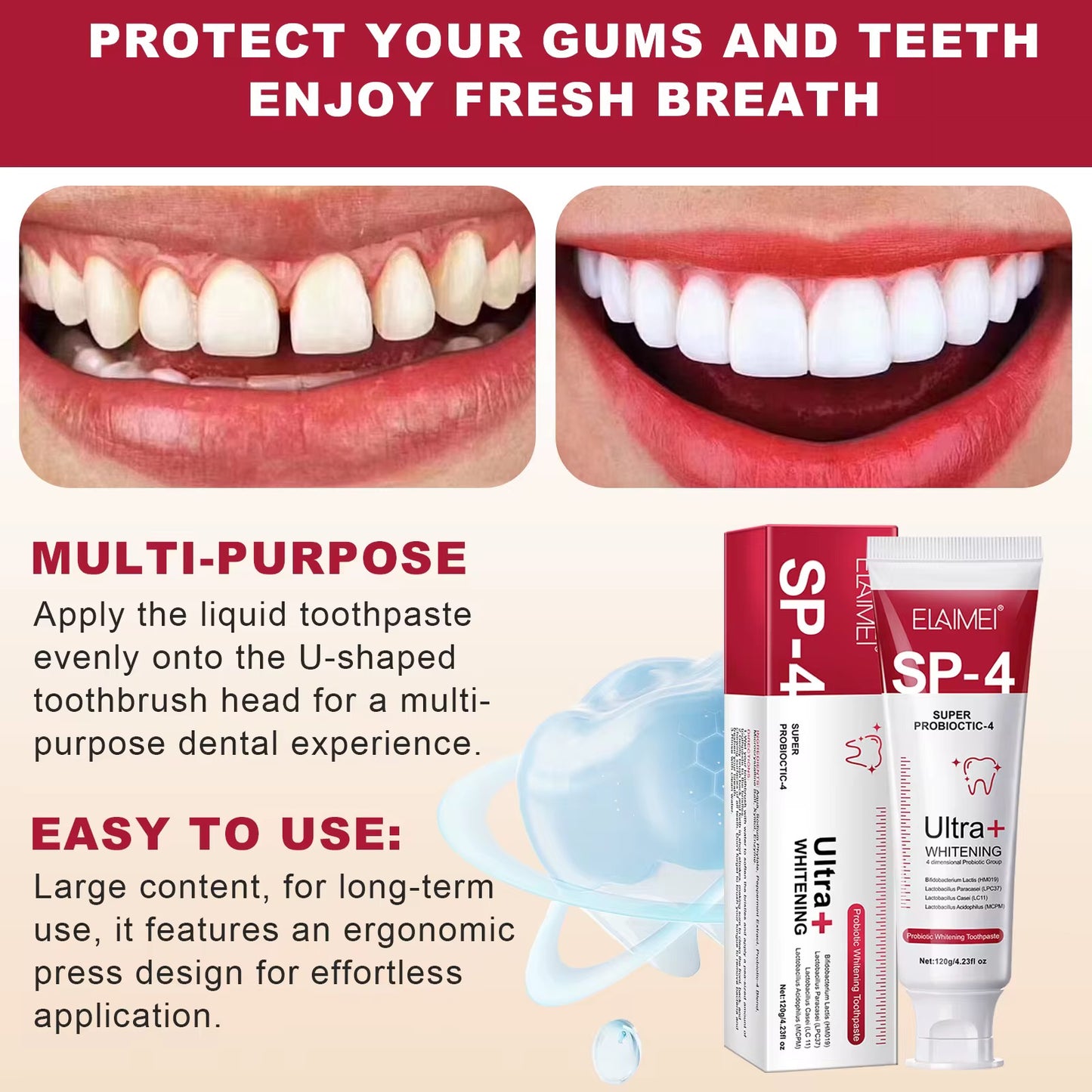 Dentifrice Blanchissant ELAIMEI SP-4 Ultra+, Sourire éclatant, des dents saines et blanches en quelques jours seulement