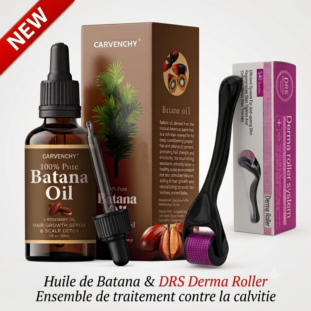 Batana huile et Derma roller ensemble pour le traitement de la calvitie et de la repousse de la barbe, 100% bio